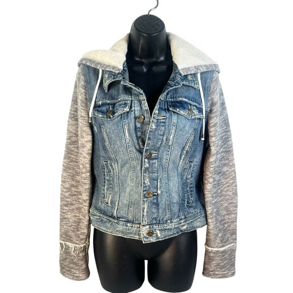 Free People Sweatshirt Hooded/Sleeve Jean Jacket Boho Streetwear M - Picture 2 of 6